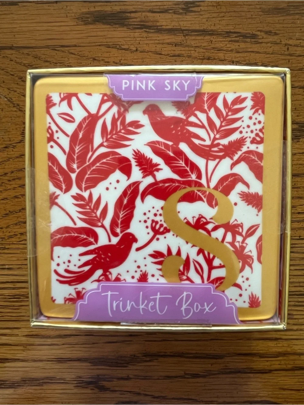 Pink Sky Red & White Trinket Box with Gold Monogram S